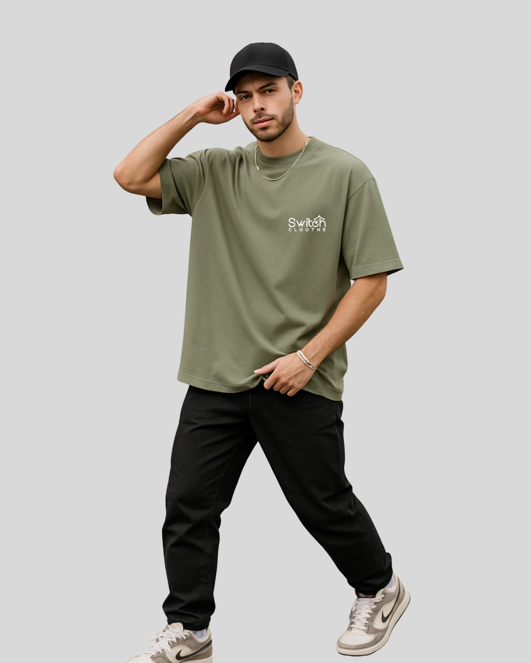 Essential Oversized Round Neck T-Shirt – Olive Green