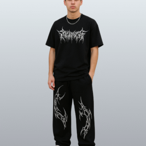 Switch Clouthe Men’s/Unisex || Open Bottom || Stretchable || Pure Cotton Stretchable Graphic Printed Baggy Track pant with Graphic Oversized T-shirt Black