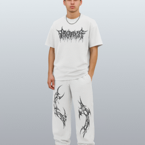 Switch Clouthe Men’s/Unisex || Open Bottom || Stretchable || Pure Cotton Stretchable Graphic Printed Baggy Track pant with Graphic Oversized T-shirt White