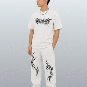Switch Clouthe Men’s/Unisex || Open Bottom || Stretchable || Pure Cotton Stretchable Graphic Printed Baggy Track pant with Graphic Oversized T-shirt White